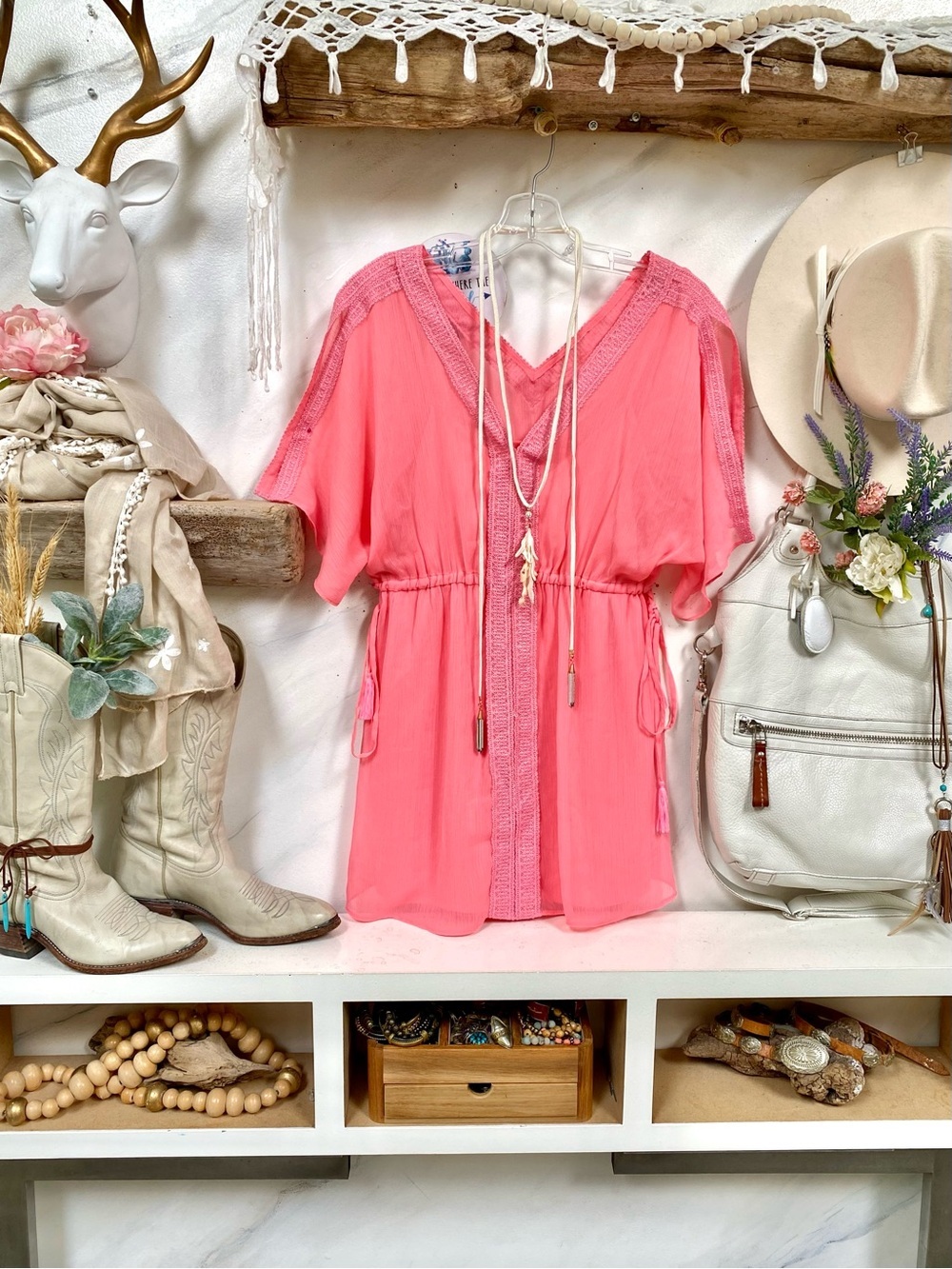 Barbie Pink boho tunic/mini dress /bikini cover up w resort vacay beach vibe